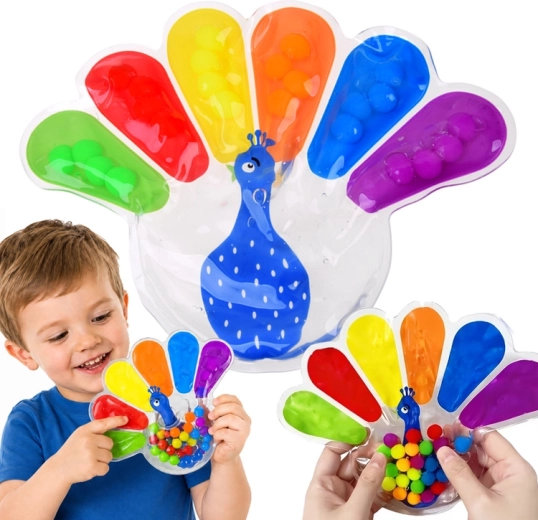 Jouet sensoriel à presser fidget paon avec billes colorées - 1 pièce