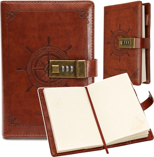 Carnet A5 avec cadenas à code en cuir écoresponsable, marron avec gouvernail