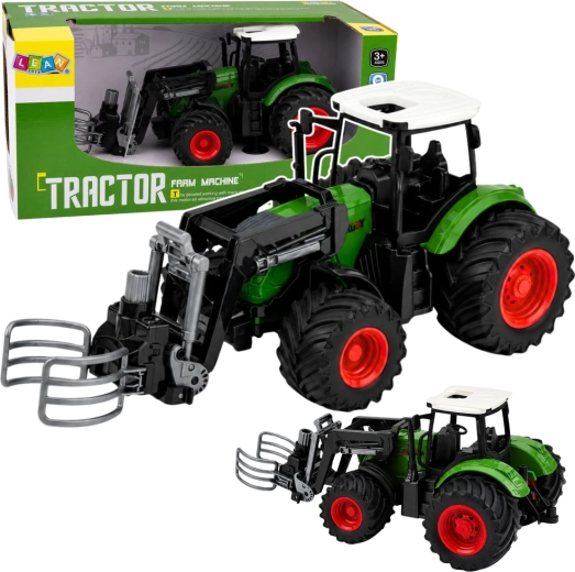 Tracteur fermier avec chargeur frontal et pince à balles 1:24, vert