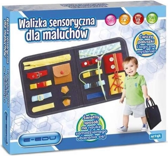 Valisette sensorielle E-Edu avec planche d’activités (busy board) pour petits enfants