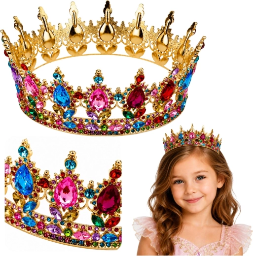 Couronne métallique dorée pour princesse avec cristaux multicolores (12,5 cm)