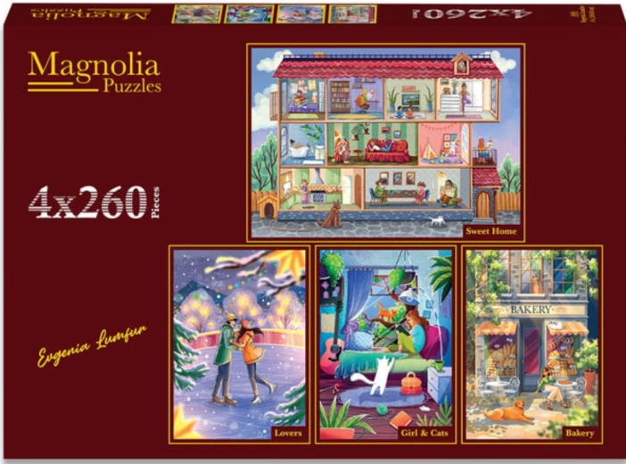 Coffret de puzzles Magnolia « Doux foyer », « Couple amoureux », « Fille avec poussettes » et « Boulangerie parfumée » 4×260 pièces