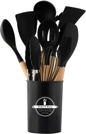 Ensemble d’ustensiles de cuisine en silicone avec poignées en bois, 12 pièces