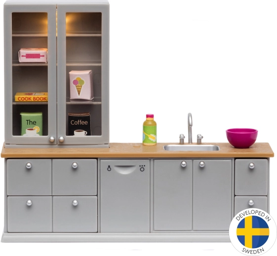 Meubles de cuisine pour maison de poupée avec buffet et éclairage LED Lundby