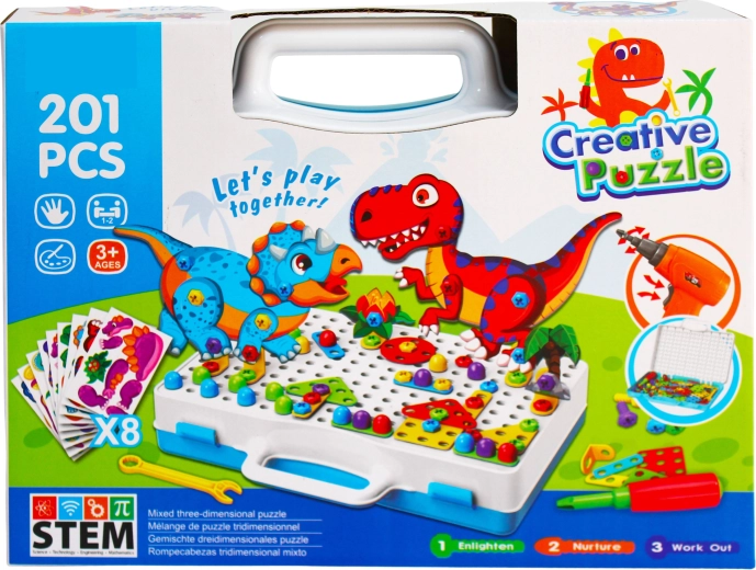 Kit de construction créatif avec dinosaures et perceuse électrique Creative Puzzle (201 pièces)