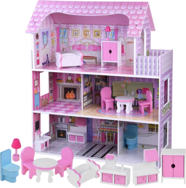 Maison de poupée en bois rose avec mobilier et éclairage LED