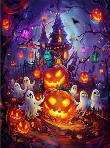 NORIMPEX Peinture par numéros Maison hantée avec citrouilles d'Halloween 40 × 50 cm