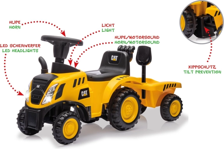 Porteur enfant CAT tracteur avec remorque 2 en 1 jaune