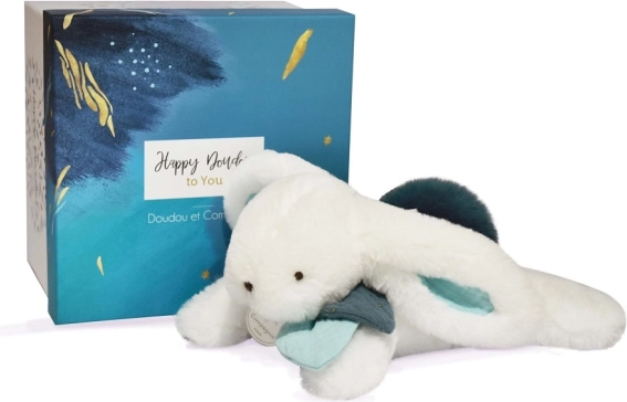 Coffret cadeau DOUDOU – lapin en peluche avec pompon bleu marine 25 cm