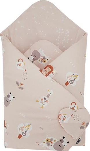 Couverture d’emmaillotage en coton réversible Eko My farm rose poudré 75 × 75 cm