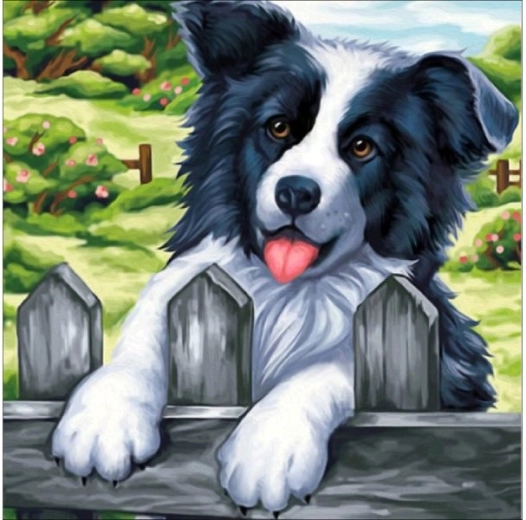 Broderie diamant (diamond painting) tableau « Chien sur la clôture » 30 × 30 cm - 1 pièce