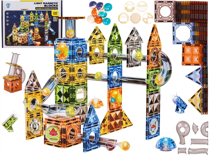 Blocs de construction magnétiques – circuit de billes avec éléments lumineux 105 pièces