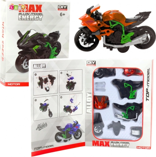 Moto métallique à assembler 1:14 vert‑orange DIY