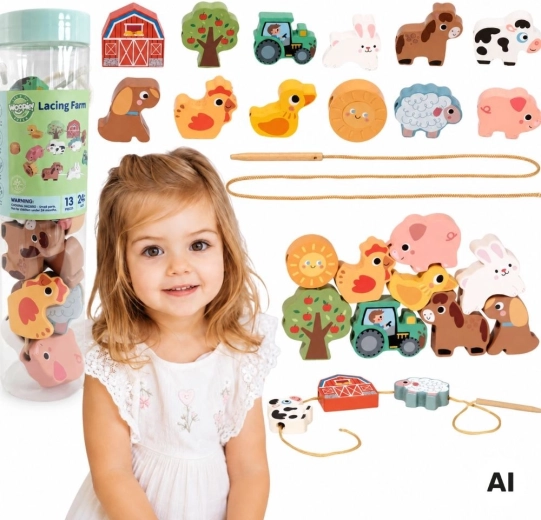 Jeu d’enfilage en bois Ferme Woopie Green (13 pièces)