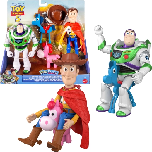 Mattel Disney Pixar Toy Story 5 – coffret de figurines Woody et Buzz l’Éclair Hi‑Tech + 2 poneys