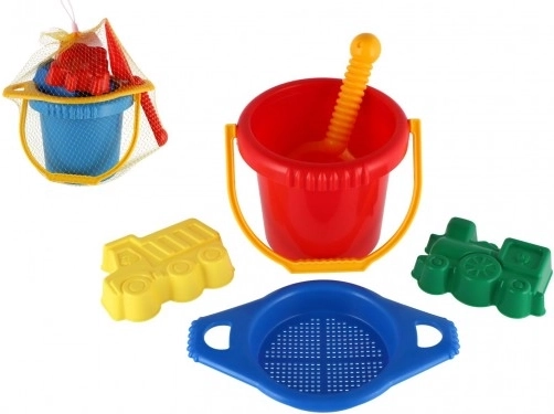 Ensemble en plastique pour le sable avec seau, tamis, pelle et 2 moules