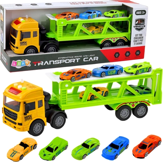 Ensemble vert de transport et remorquage avec petites voitures, lumières et sons