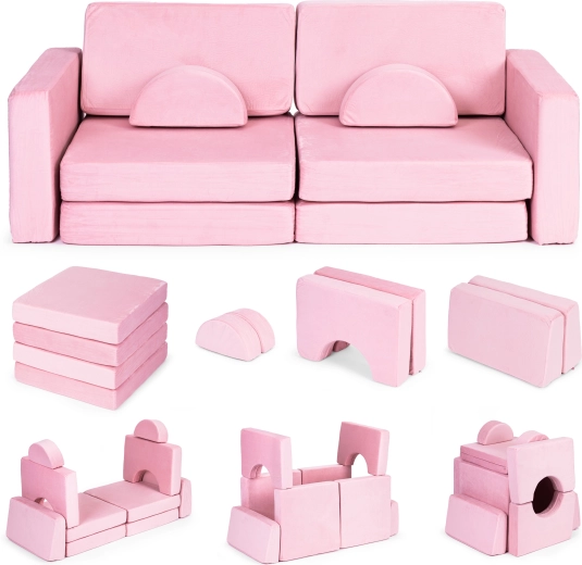 Grand canapé modulable pliant deux places pour enfants DIY avec 10 coussins moelleux - rose ECOTOYS