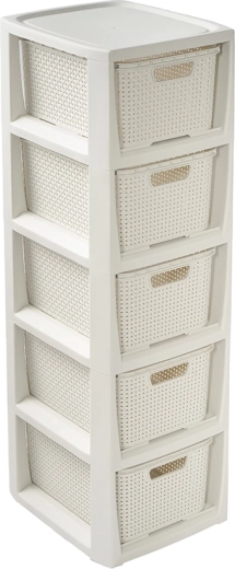 Étagère de rangement en imitation rotin avec 5 tiroirs, blanche, 80 cm