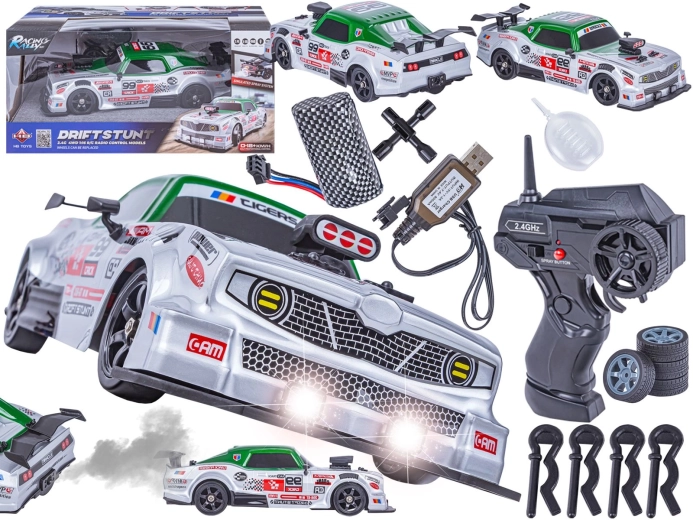 Voiture RC drift Dodge 1:16 4WD 2,4 GHz avec vapeur et feux LED - 1 pièce
