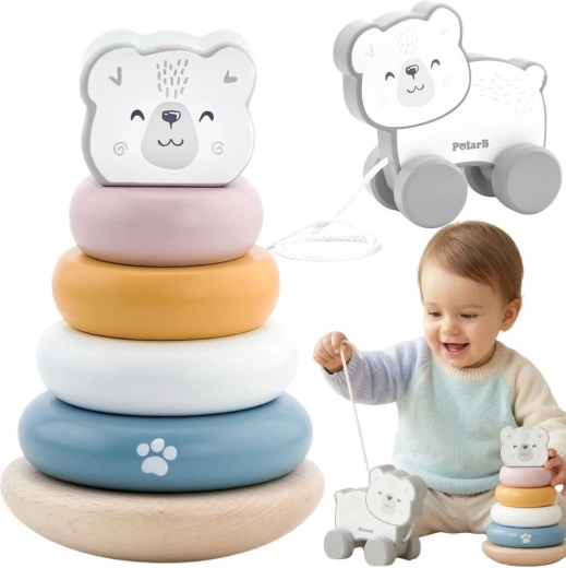 Ourson en bois à tirer et tour à empiler PolarB - 2 pièces