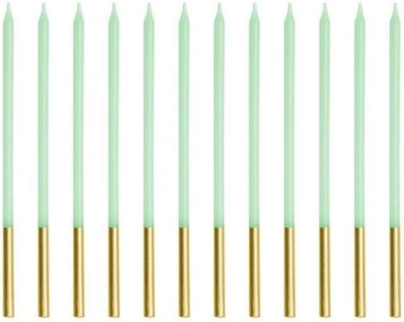 Bougies d’anniversaire lisses vert clair avec support doré 14 cm (12 pcs)