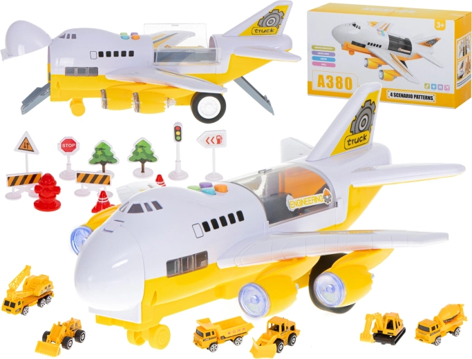 Avion de transport avec 6 véhicules de chantier