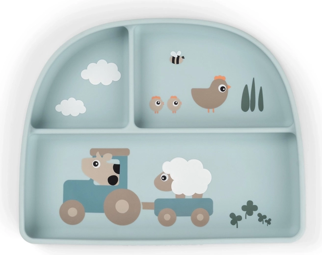 Done by Deer assiette compartimentée avec ventouse Stick&Stay Tiny farm bleue