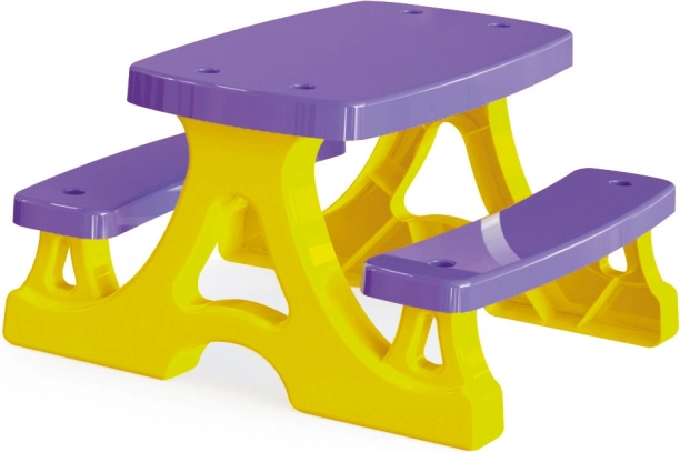 Table de pique-nique en plastique avec bancs, jaune‑violet