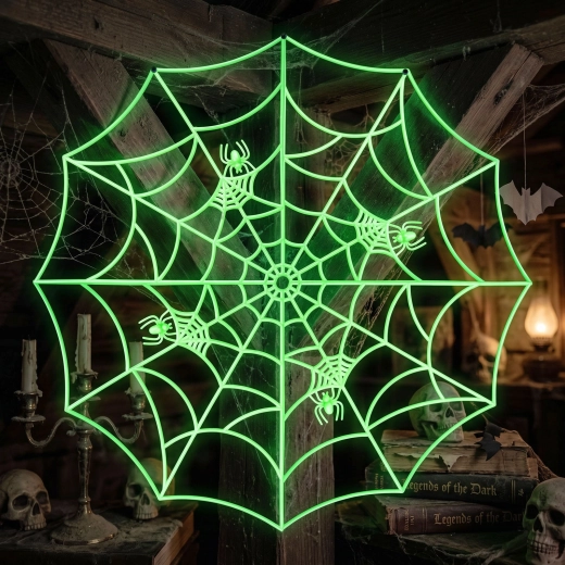 Décoration d’angle phosphorescente en forme de toile d’araignée verte 30 × 30 cm – 4 pièces