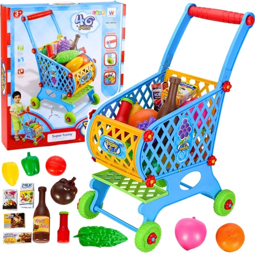 Chariot de courses pour enfants avec aliments, bleu, 52 cm, 46 pièces
