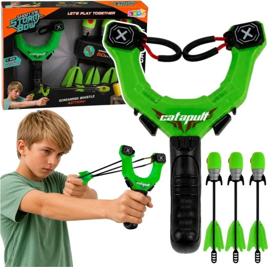 Lance-pierre sportif vert avec fléchettes en mousse sifflantes