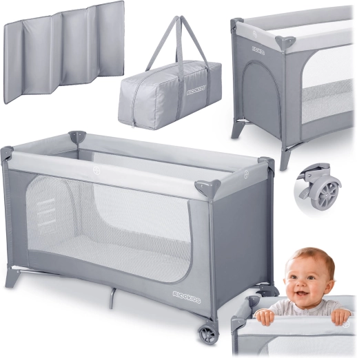 Lit bébé de voyage Ricokids avec matelas et sac de transport, gris clair