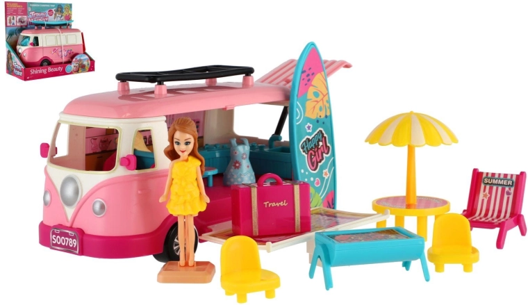 Camping-car résidentiel rose pour enfants avec surf et accessoires
