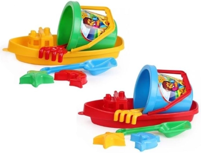 TechnoK ensemble de plage – bateau, seau, pelle, râteau et moules