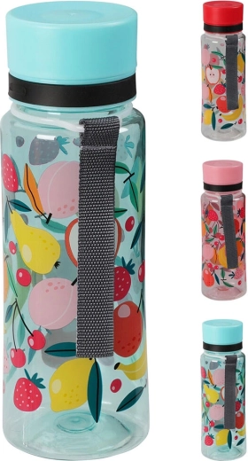Bouteille en plastique 600 ml avec dragonne – assortiment de motifs fruités