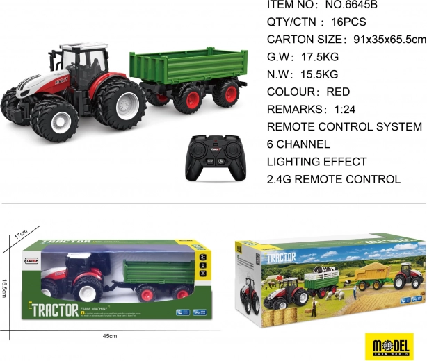 Tracteur rouge télécommandé avec remorque verte 1:24