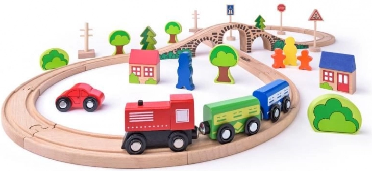 Circuit de train en bois en forme de huit avec pont