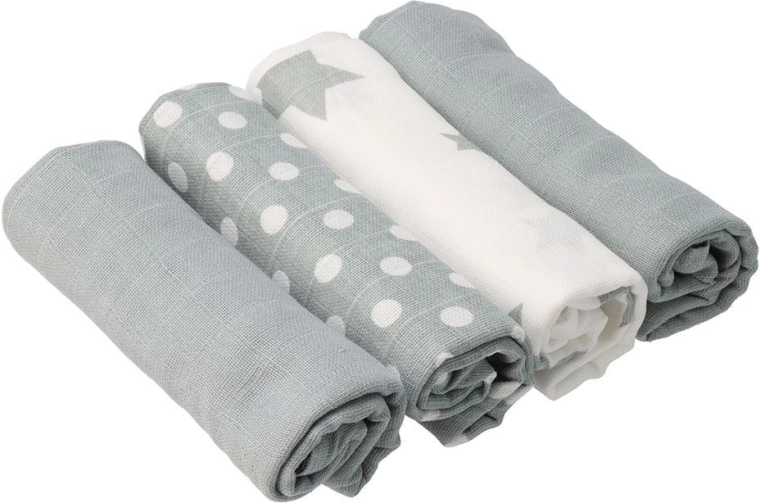 Langes en mousseline de coton NEW BABY Softy imprimés 70 × 70 cm, 4 pcs, gris et blanc