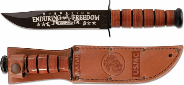 Ka-Bar couteau militaire commémoratif U.S.M.C. OEF Afghanistan 17,8 cm, noir, poignée en cuir, étui en cuir