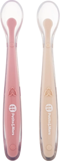 Petite&Mars cuillères en silicone avec étui, lot de 2, Take&Match Sand/Rose 6m+