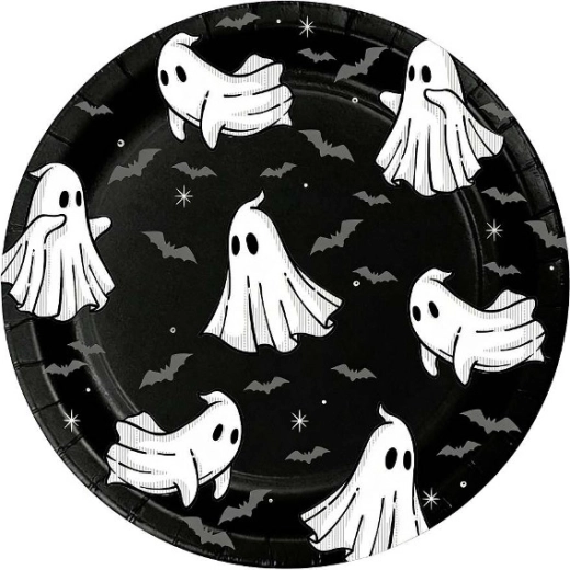 Assiettes en papier noires avec des fantômes blancs, 6 pièces