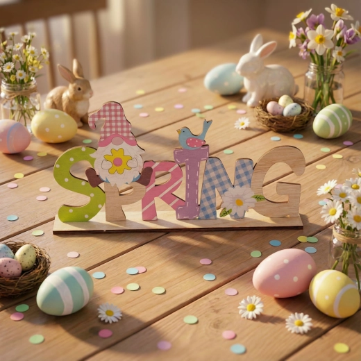 Décoration de table printanière en bois avec lutin