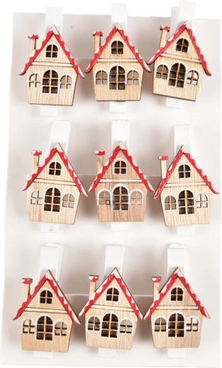 Pinces à linge en bois avec petite maison rouge 3 cm, 9 pcs