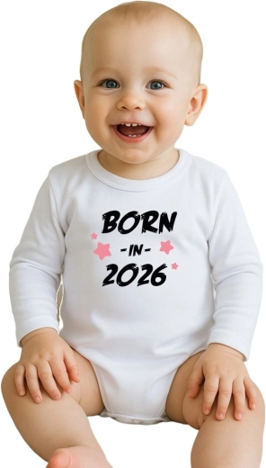 Body bébé en coton avec imprimé New Baby Born in 2026, rose, manches longues