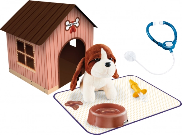 Chiot en peluche avec niche et petite sacoche 18 cm