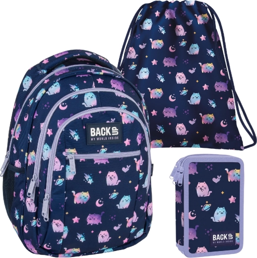 Set scolaire BackUP Violet Kittens 3 en 1 – sac à dos, trousse équipée et sac