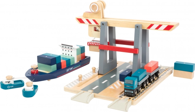 Small foot dépôt portuaire avec accessoires – circuit d’appoint en bois avec grue et conteneurs