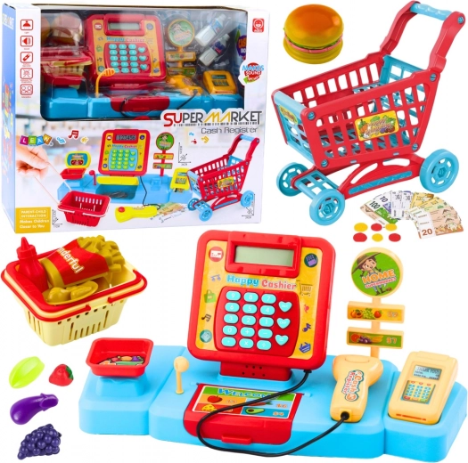 Set de jeu pour enfants caisse, panier et aliments avec effets