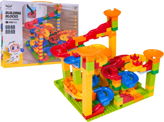 Circuit de billes coloré en blocs de construction – 348 pièces